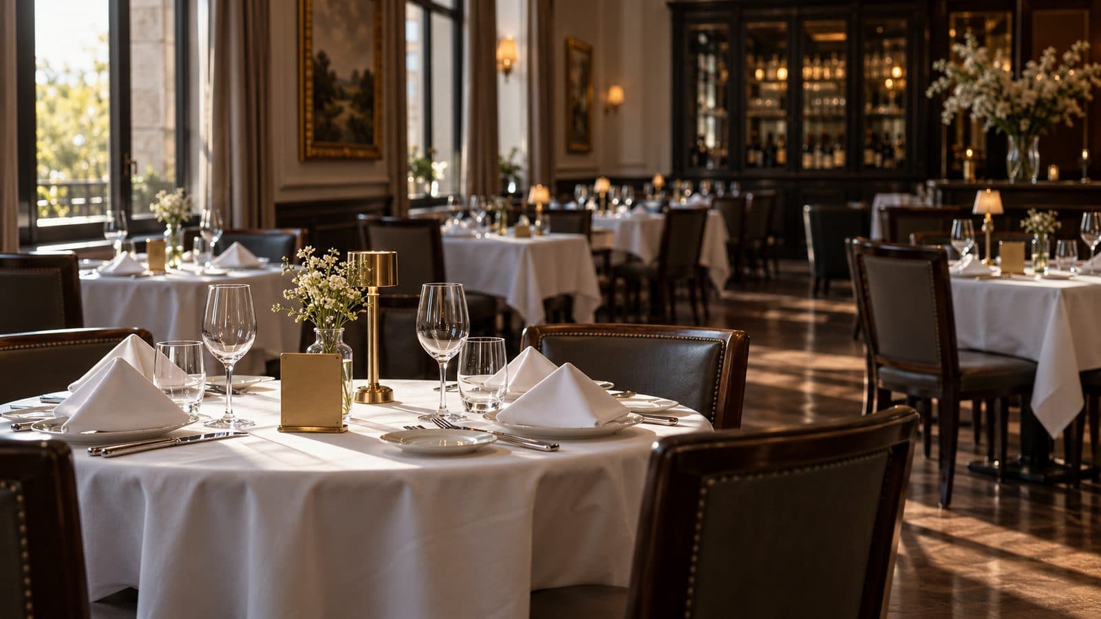 Empty restaurant with every table set and marked as reserved, no diners.