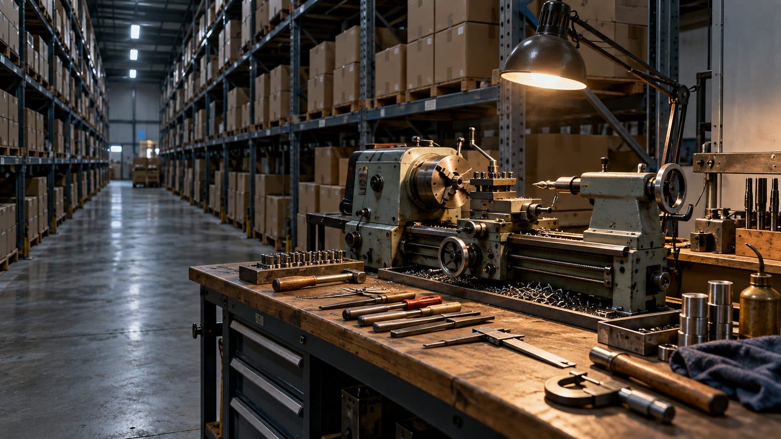 Compact workbench with tools in reach of a lathe, in front of a long warehouse aisle of shelving.