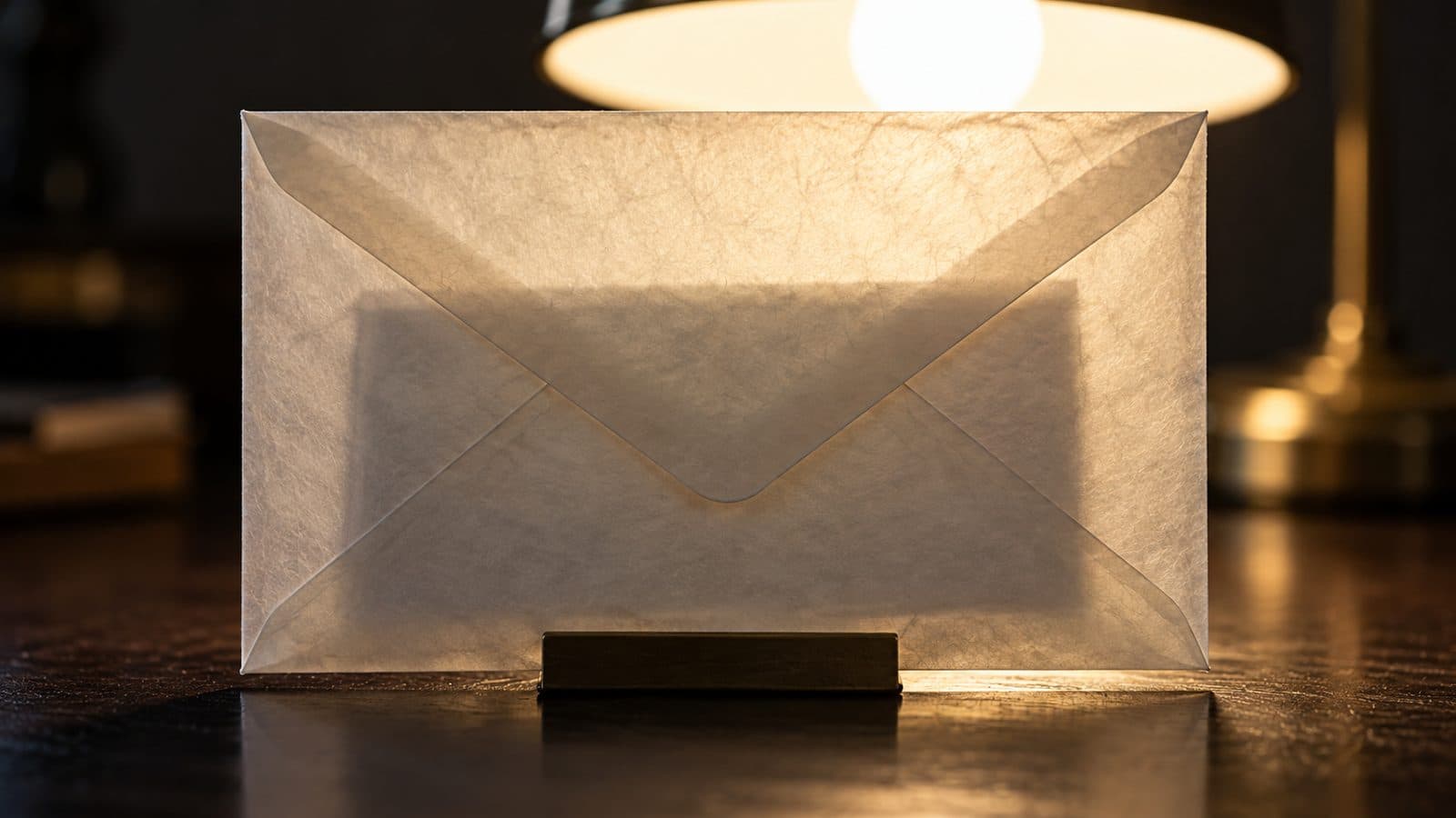 Sealed envelope held against a desk lamp, the folded letter inside showing as a faint shadow.
