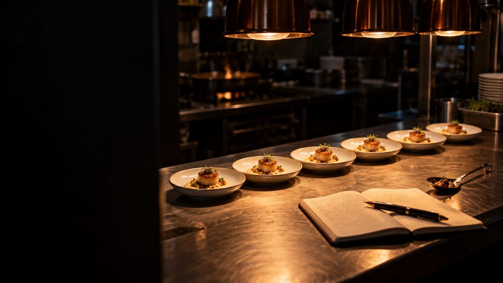 Row of identical tasting plates under a restaurant heat lamp beside an open notebook, pen and tasting spoon.