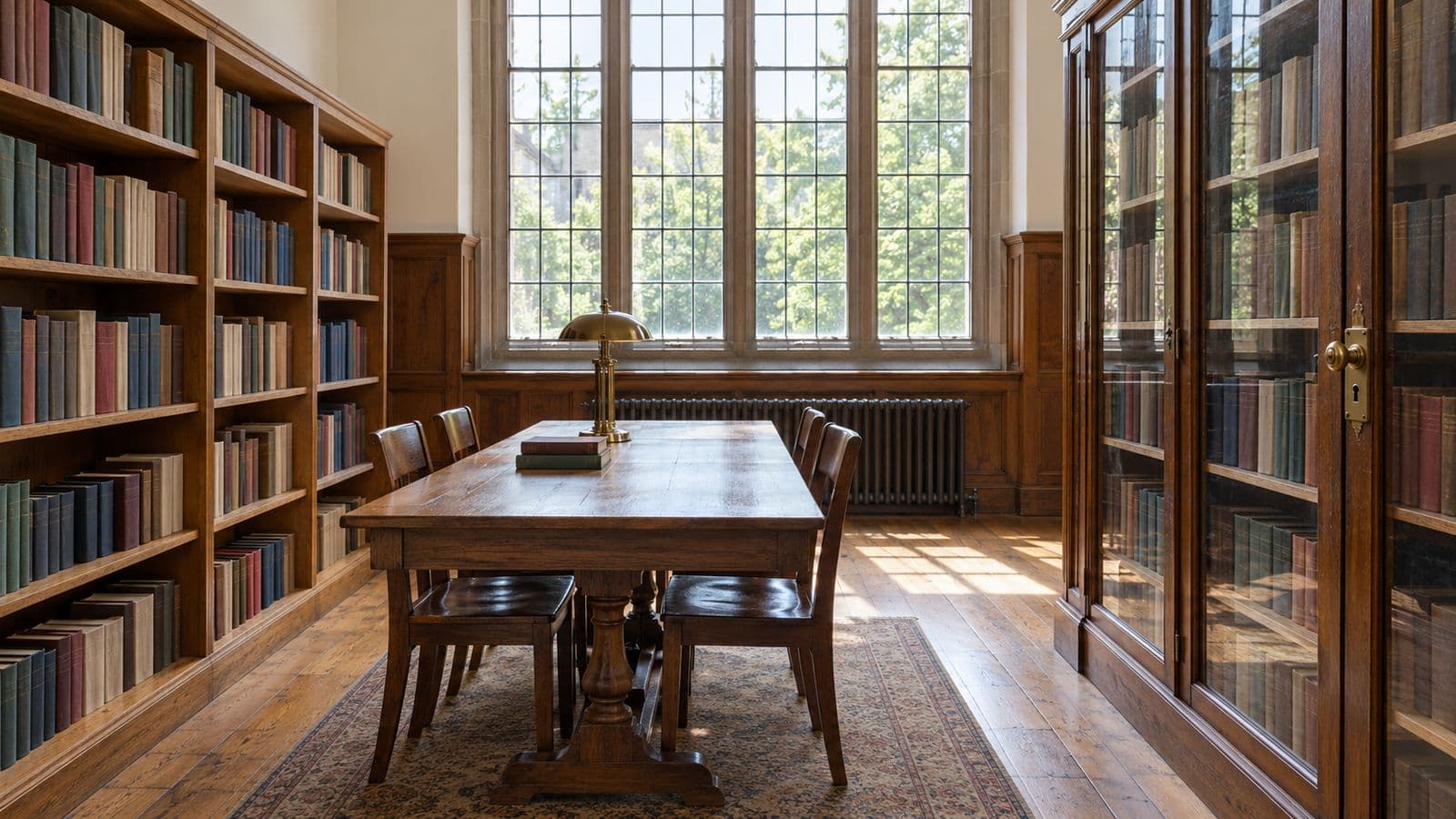Library with an open shelf of books beside a locked glass cabinet of similar books.