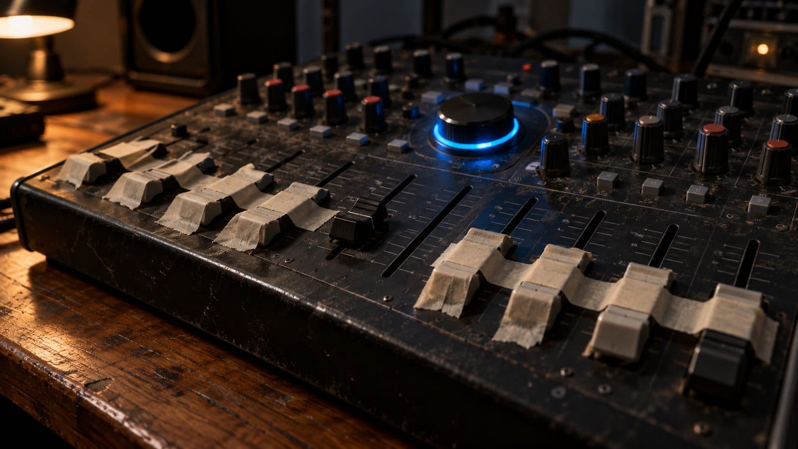 Mixing console with its manual faders taped down and one glowing master knob, like ad settings folded into AI Max.