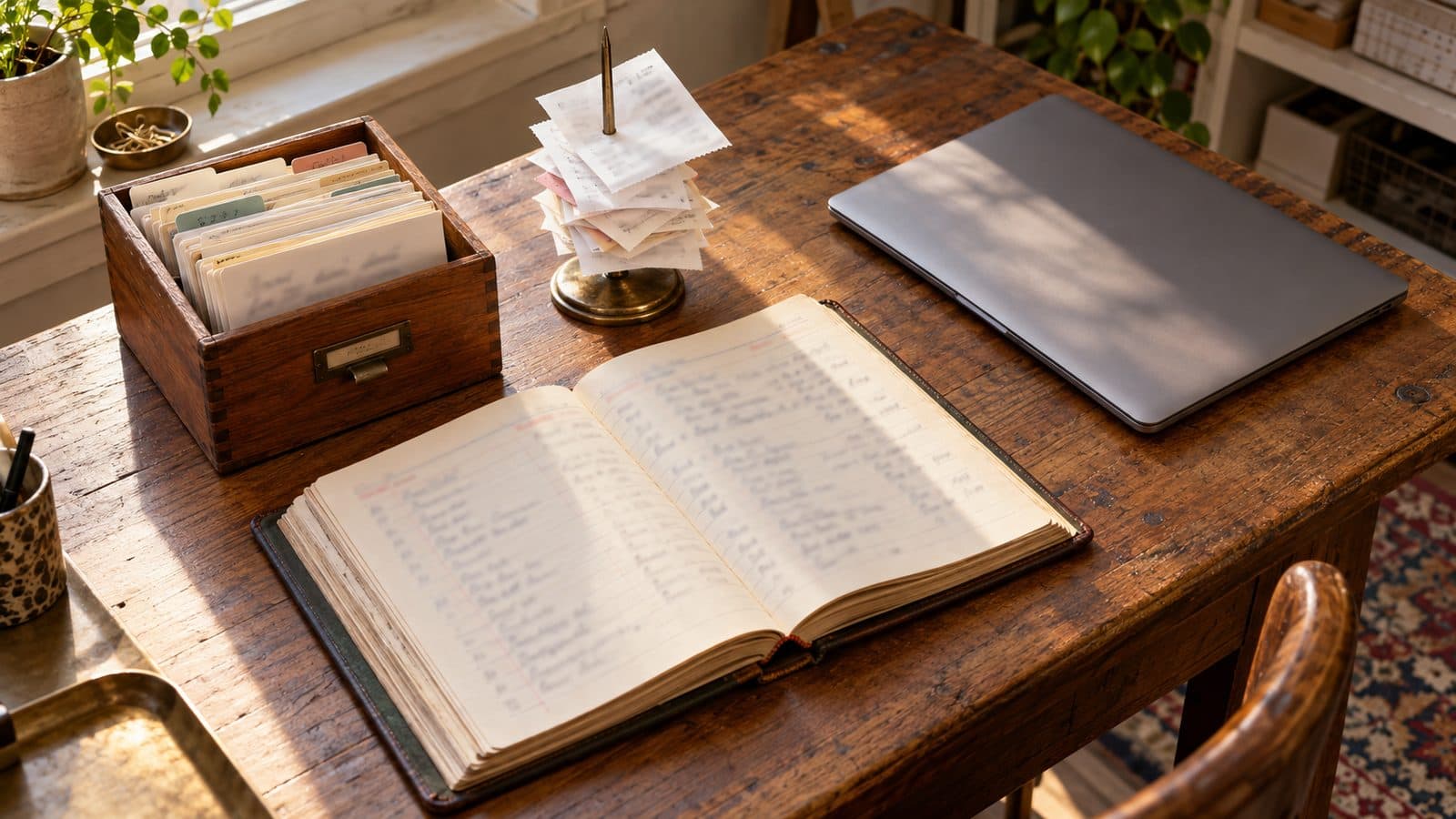 Small business desk with a customer card box, receipts and an order ledger, the first-party data ad platforms now ask for.