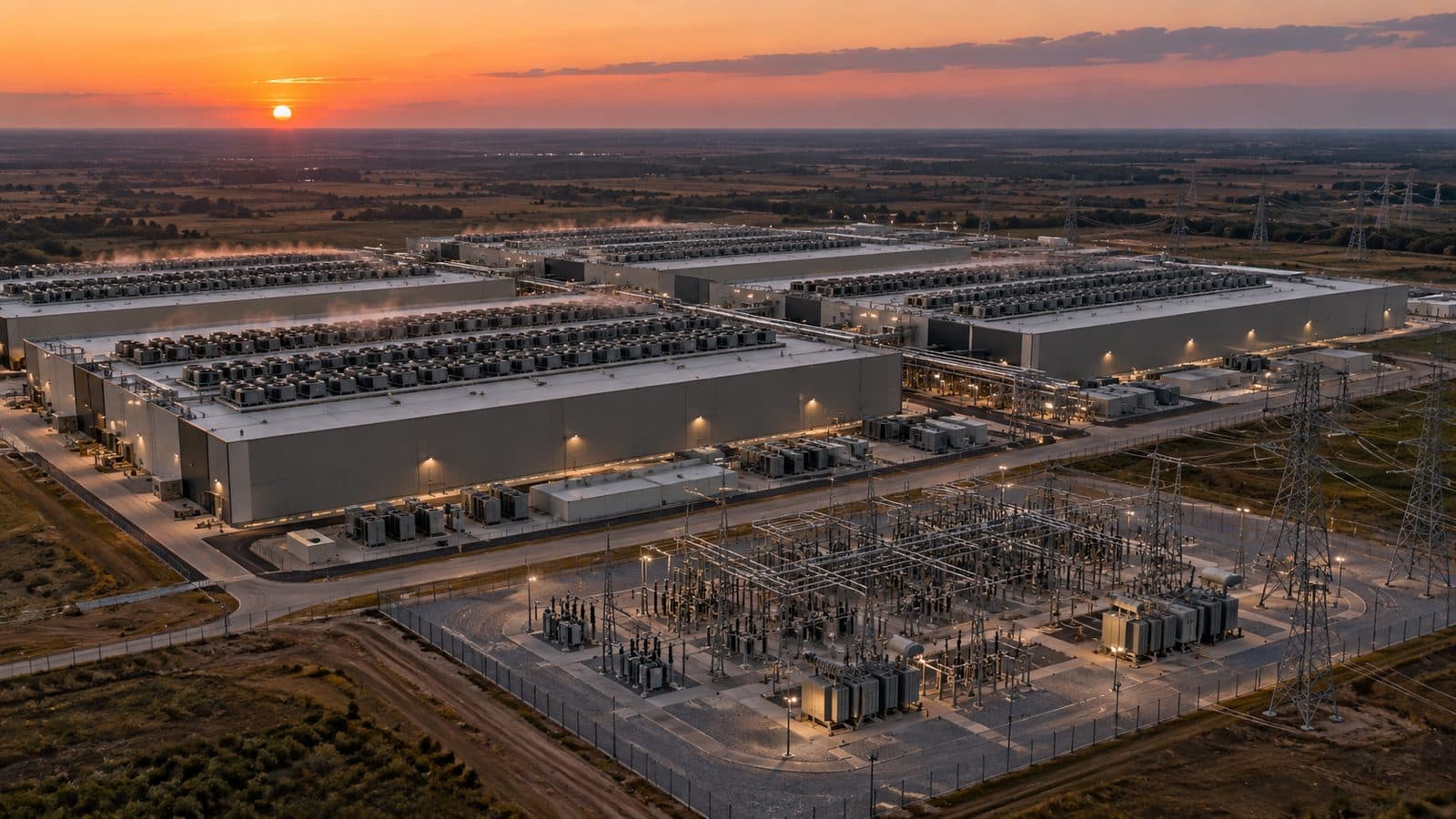 Data center campus at dusk with rooftop cooling units and an electrical substation, the power, land and cooling bill on Earth.