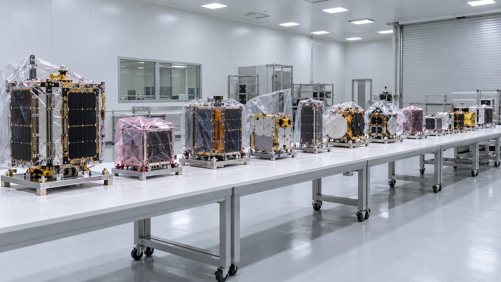 Row of small satellites of different sizes in a clean room, waiting to share one rideshare launch like Transporter-18.