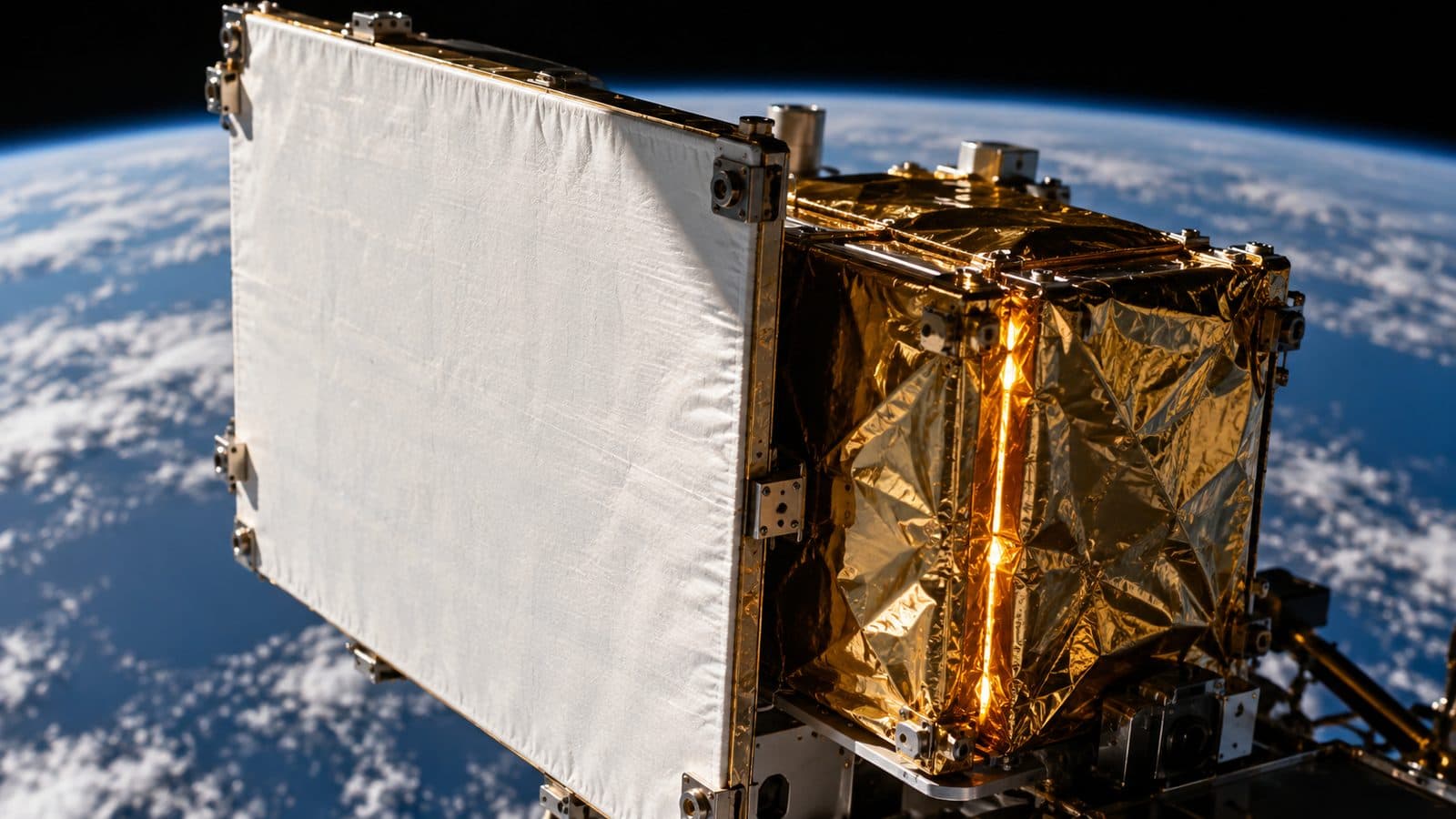 Satellite radiator panel beside a gold-foil electronics box in orbit, where AI chips must shed heat without air.