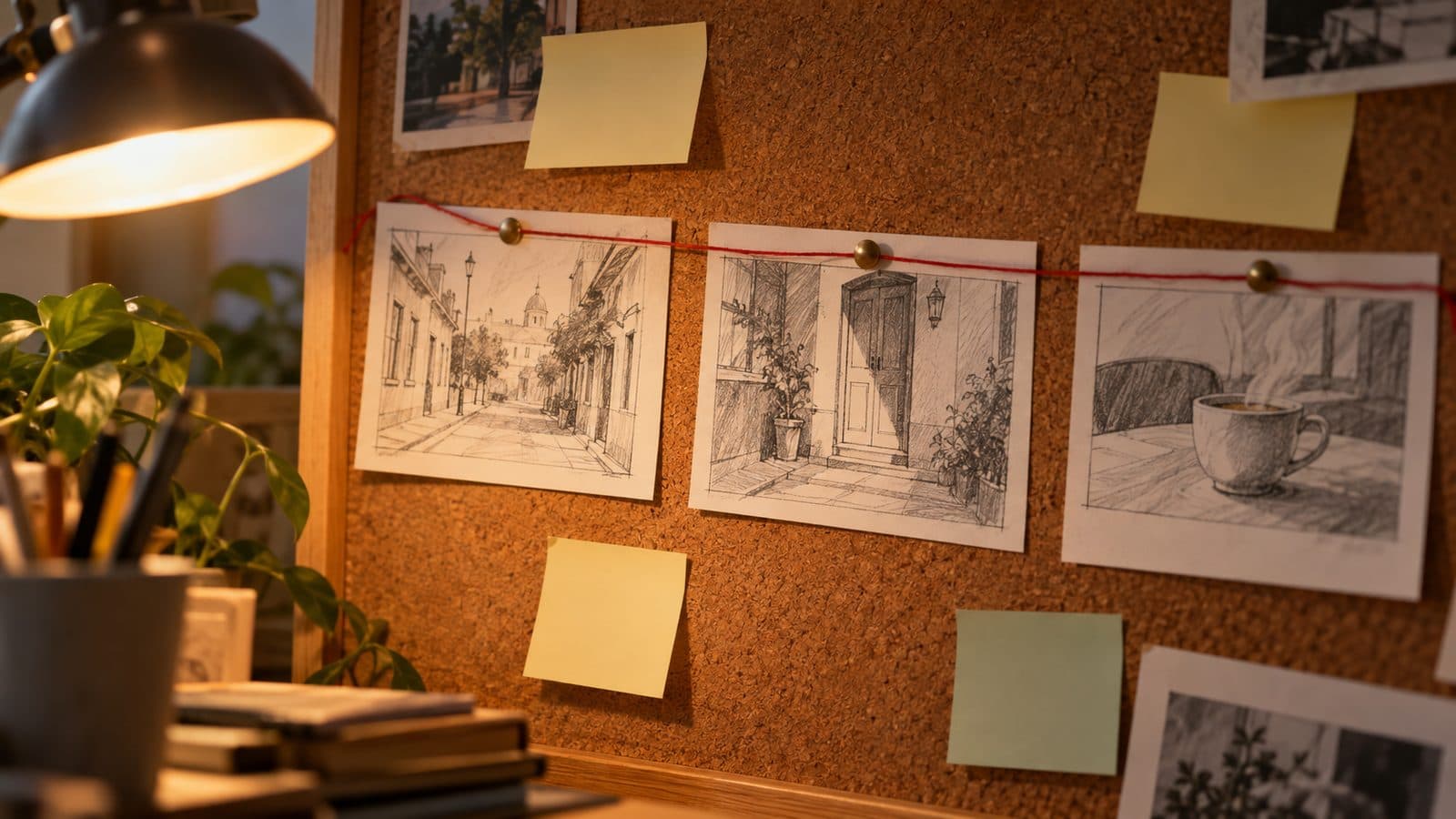 Storyboard sketches pinned in sequence on a cork board, like the keyframes AI video tools now let creators set.