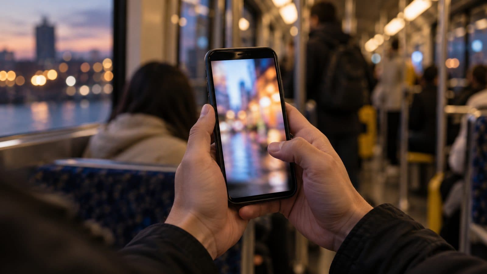 Commuter scrolling a vertical video on a phone on an evening train, the feed where AI short dramas now compete.