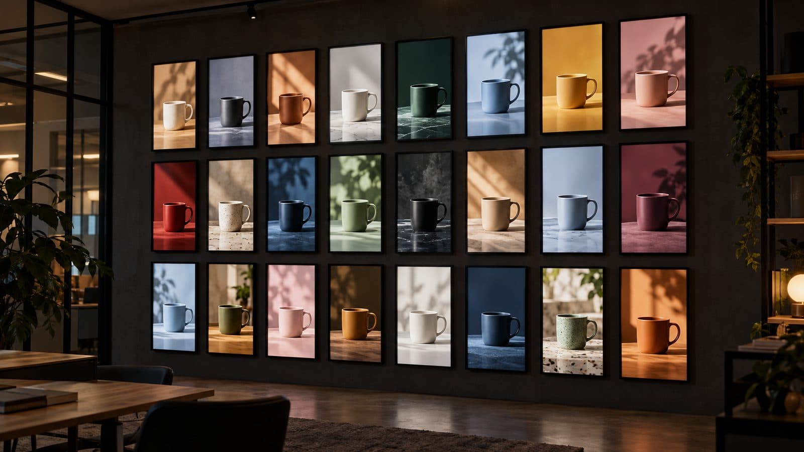Wall of vertical screens showing one product in many colour variations, the AI video ad asset library in practice.