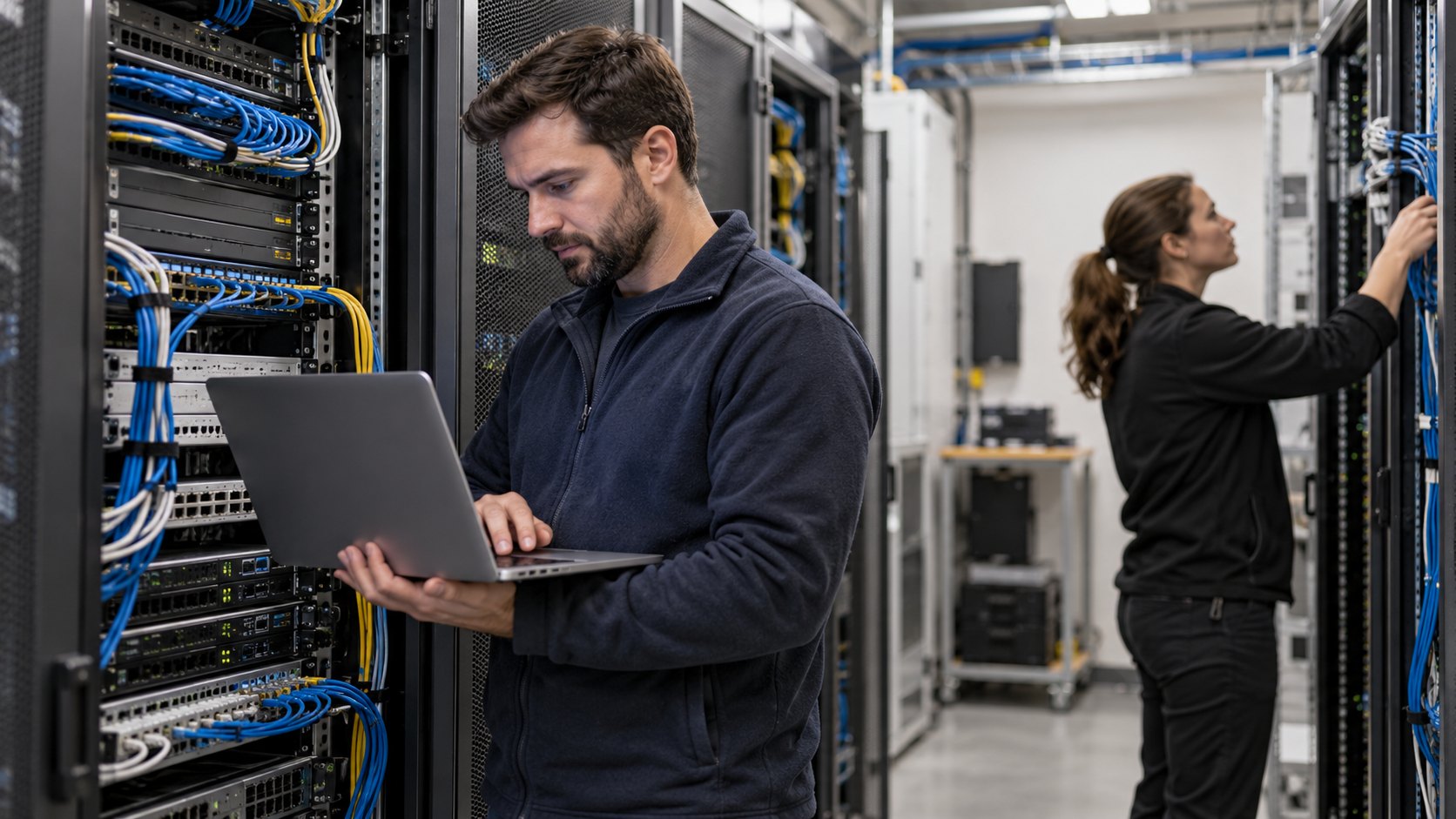 IT engineers inspect network equipment and cabling in a server room.