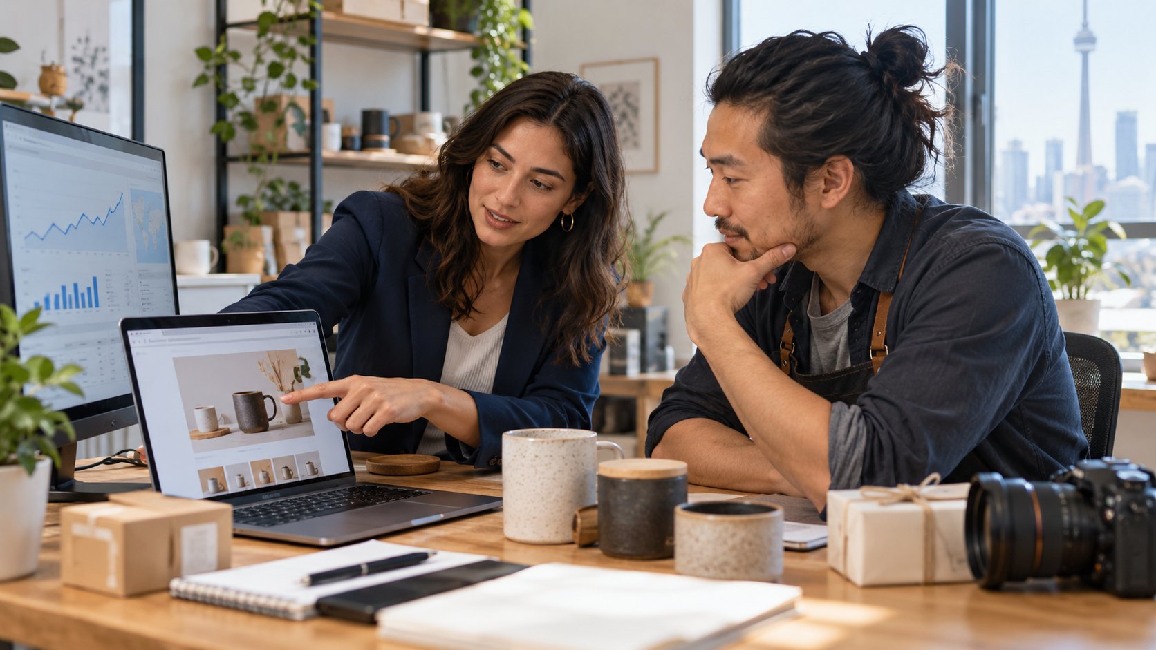 Marketing specialist and business owner review an online product page at a worktable.