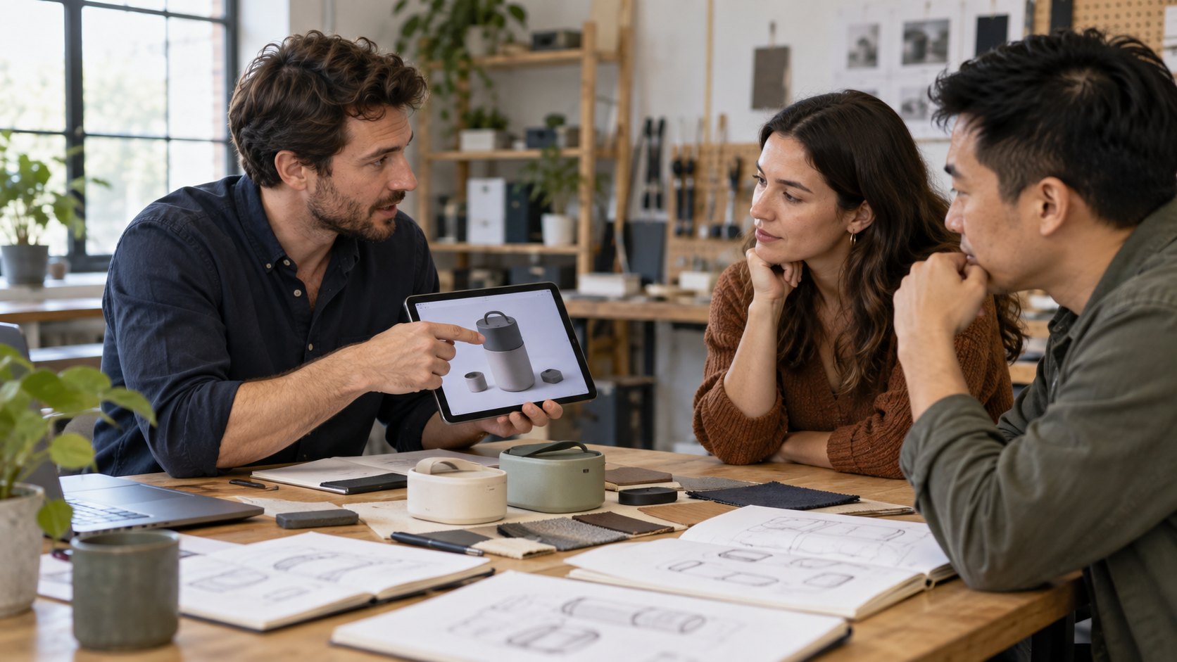 Founder shows an early product prototype to potential users in a workshop.