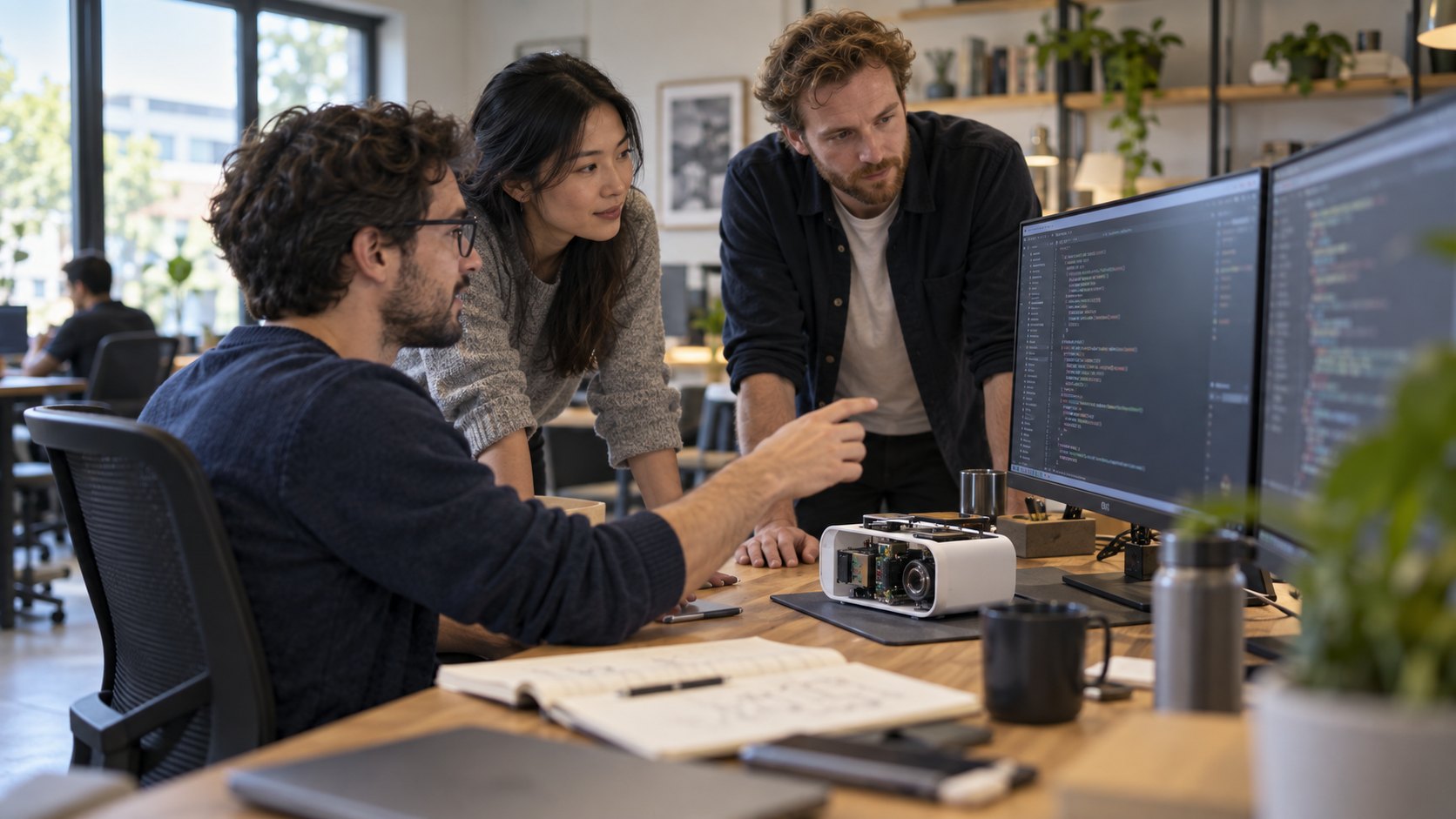 Software team reviews a product build together at a workstation.