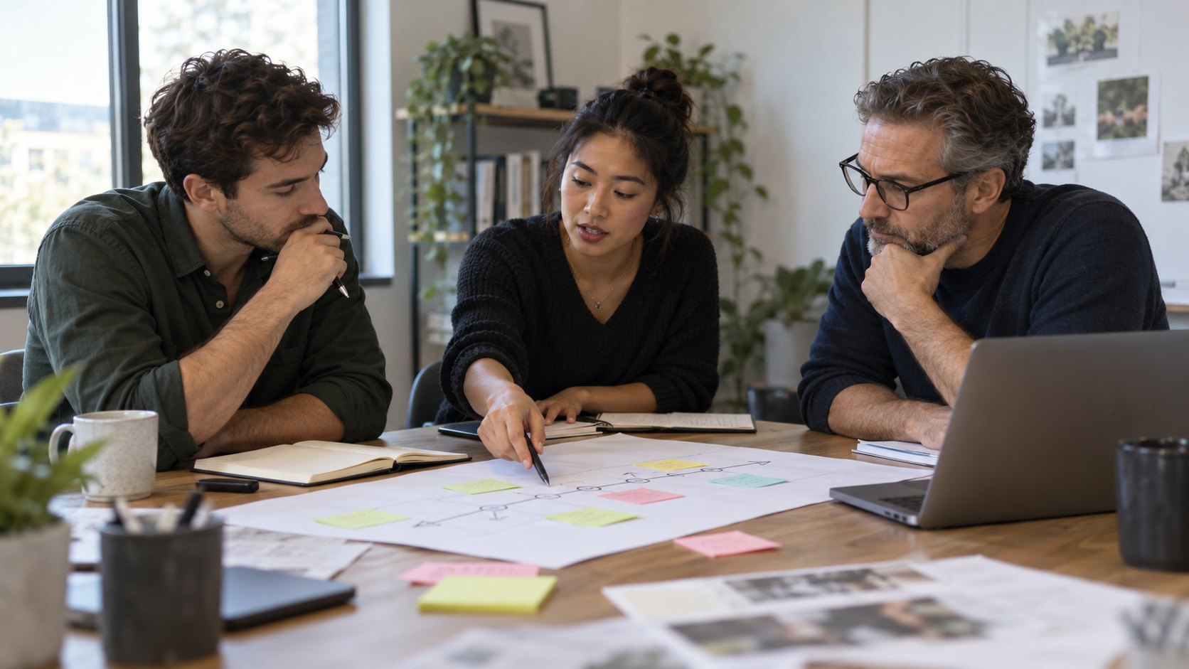 Business leaders work with an advisor on priorities around a planning table.